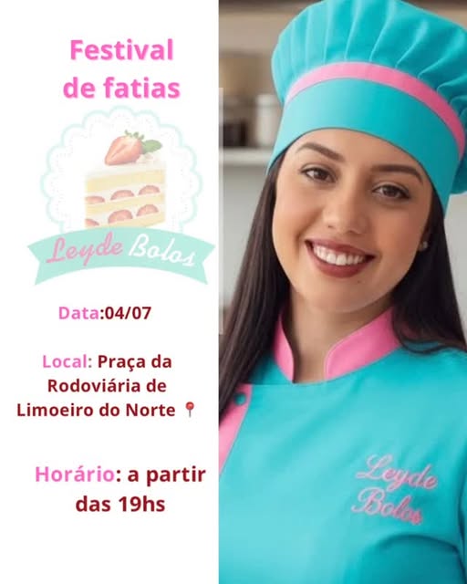 Flyer do Festival de Fatias de 4 de julho, com Leyde vestindo dolma turquesa