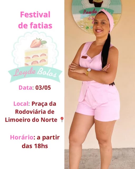 Flyer do Festival de Fatias de 3 de maio, com Leyde vestindo dolma rosa